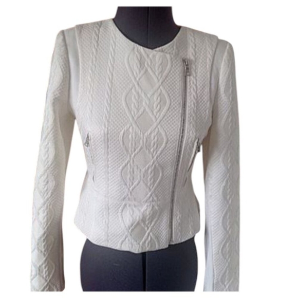 BCBGMAXAZRIA Bradlee Cable Jacquard Peplum Moto Jacket ($237) Size M - Picture 1 of 15